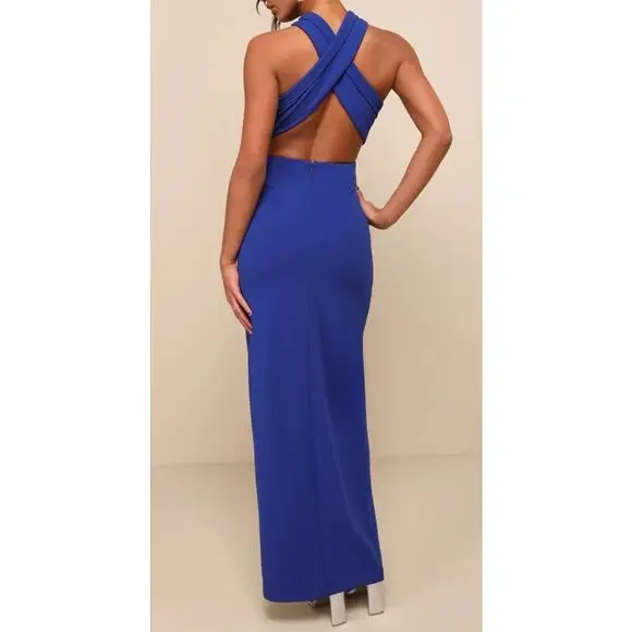 NWT Lulu’s Head to Cocktail Hour Royal Blue Halter Neck Maxi Dress Size Small - Picture 2 of 9